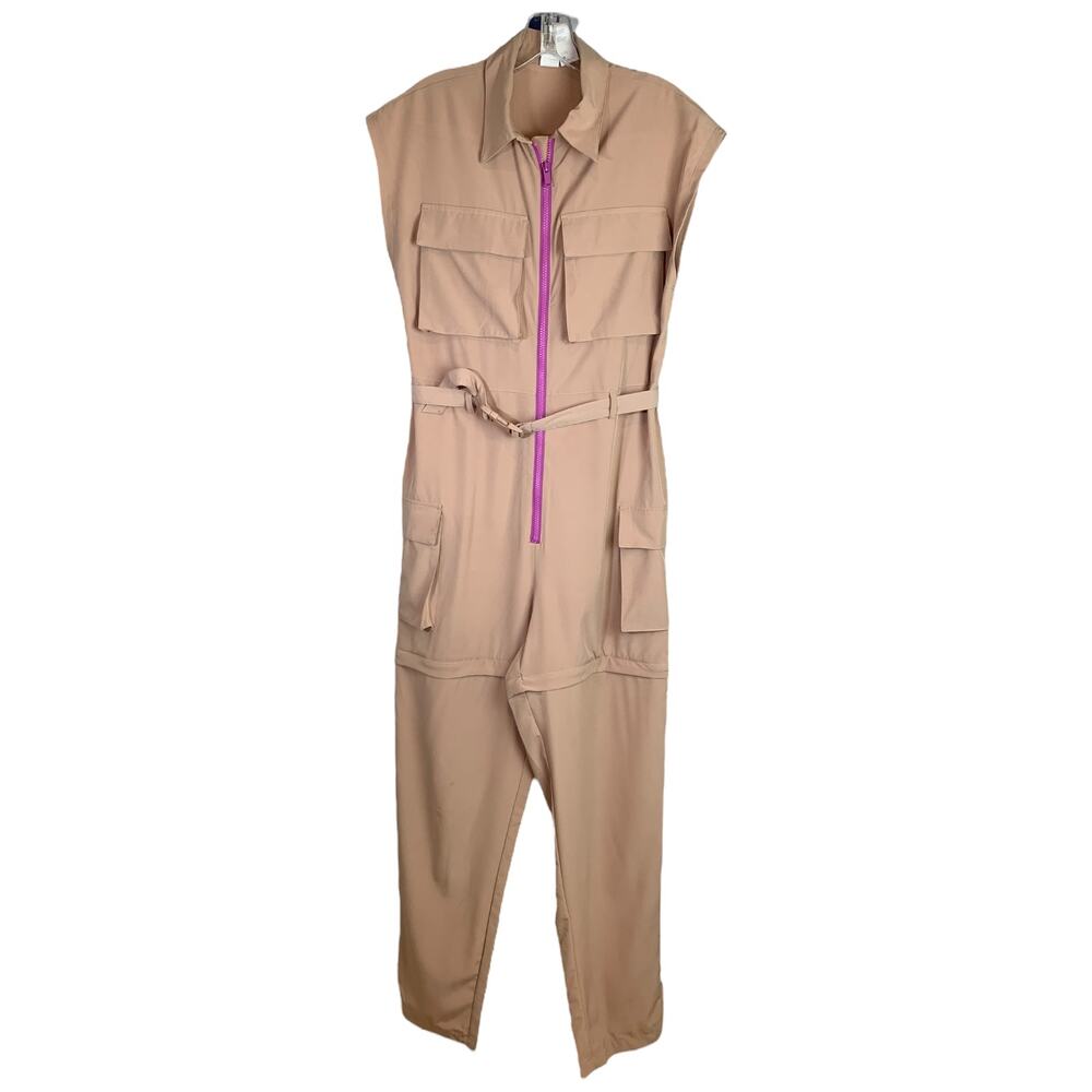 Fabletics Jumpsuit Womens Sz S Beige Streetwear Sleeveless Zip-Up Belted Pockets